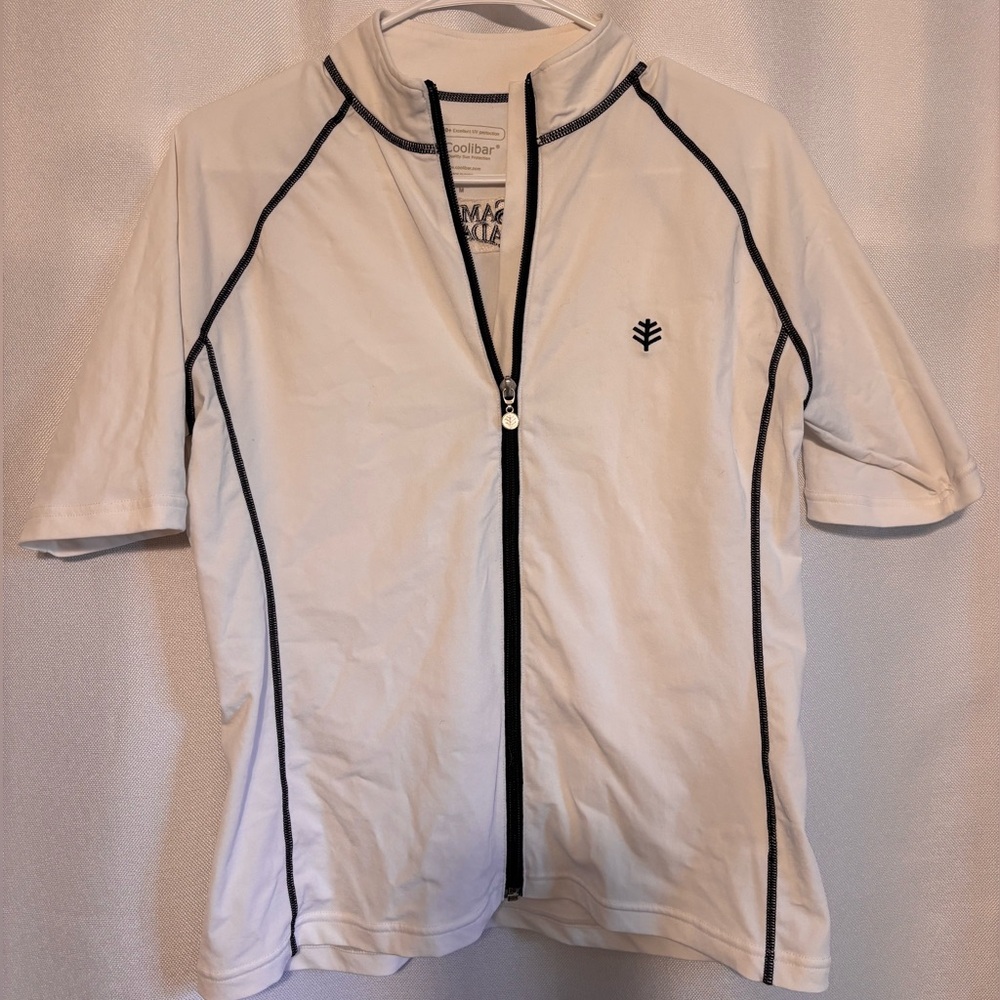Coolibar White Short Sleeve UV Zip Swim Top with Black Trim